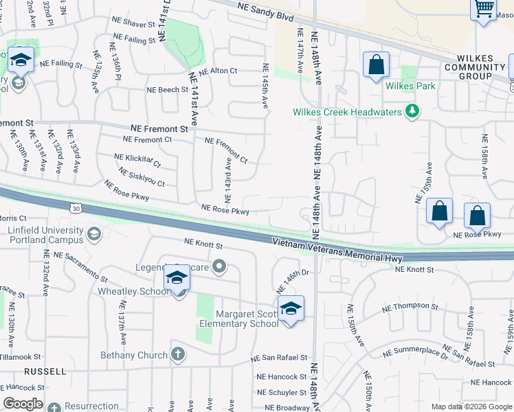 map of restaurants, bars, coffee shops, grocery stores, and more near 14427 Northeast Rose Parkway in Portland