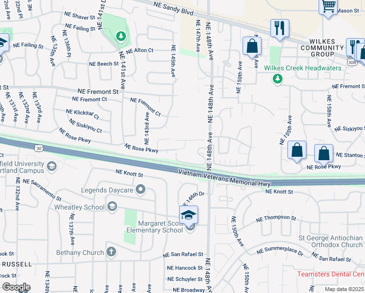 map of restaurants, bars, coffee shops, grocery stores, and more near 14583 Northeast Rose Parkway in Portland
