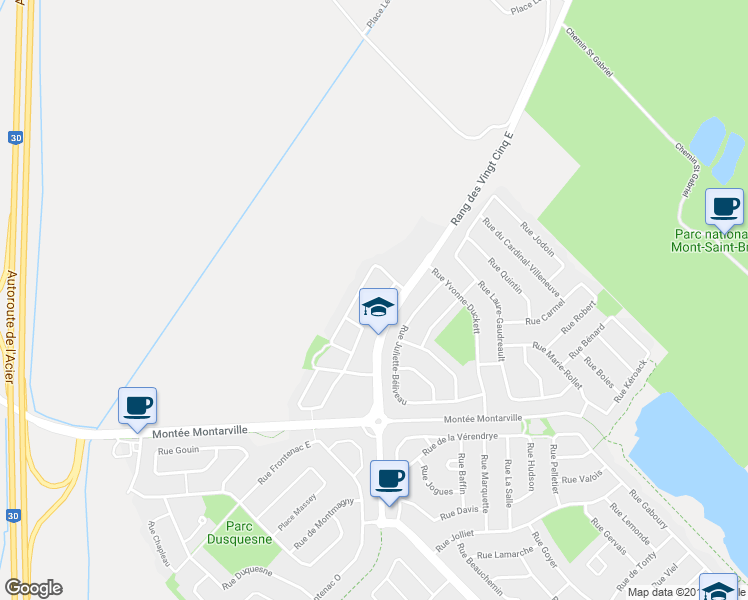 map of restaurants, bars, coffee shops, grocery stores, and more near 401 Rue Maude Abbott in Saint-Bruno-de-Montarville