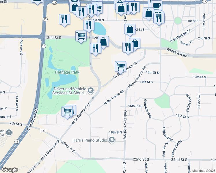map of restaurants, bars, coffee shops, grocery stores, and more near 3040 West Saint Germain Street in St. Cloud