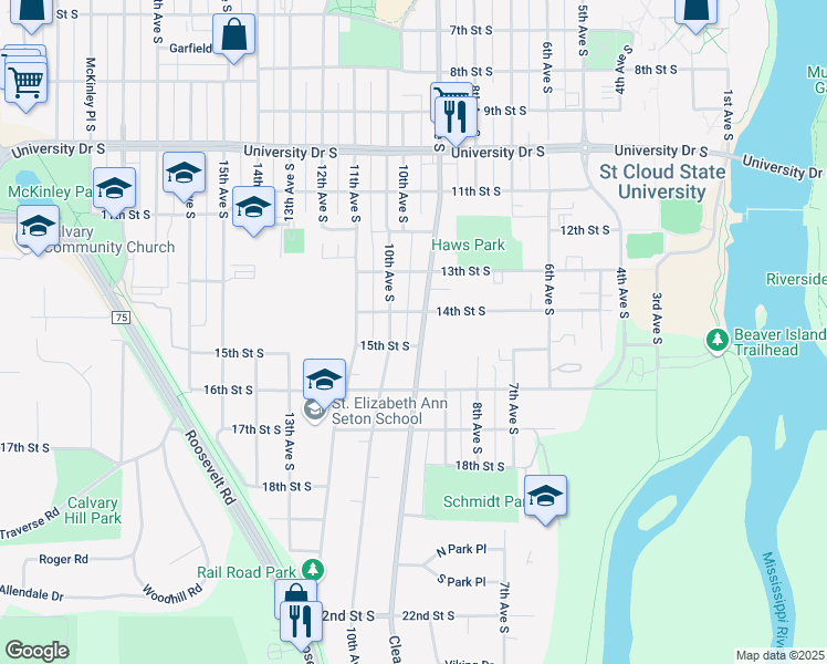 map of restaurants, bars, coffee shops, grocery stores, and more near 1419 9th Avenue South in St. Cloud