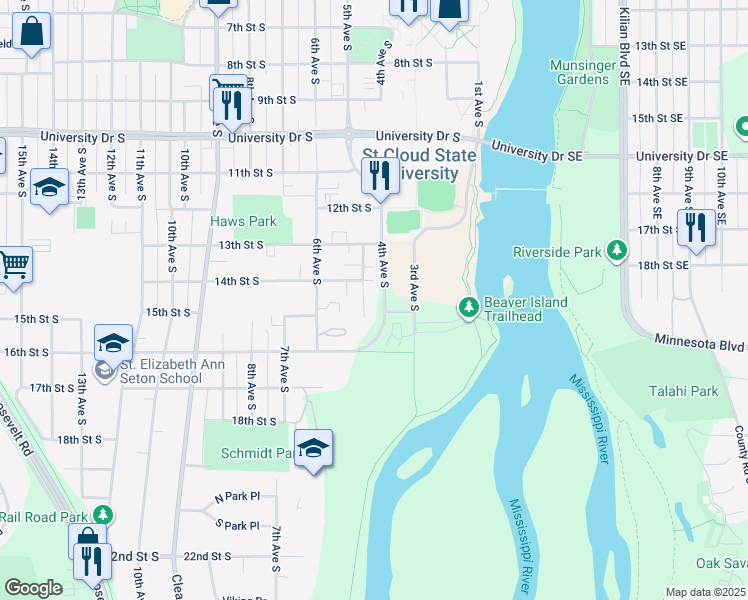 map of restaurants, bars, coffee shops, grocery stores, and more near 1450 5th Avenue South in St. Cloud
