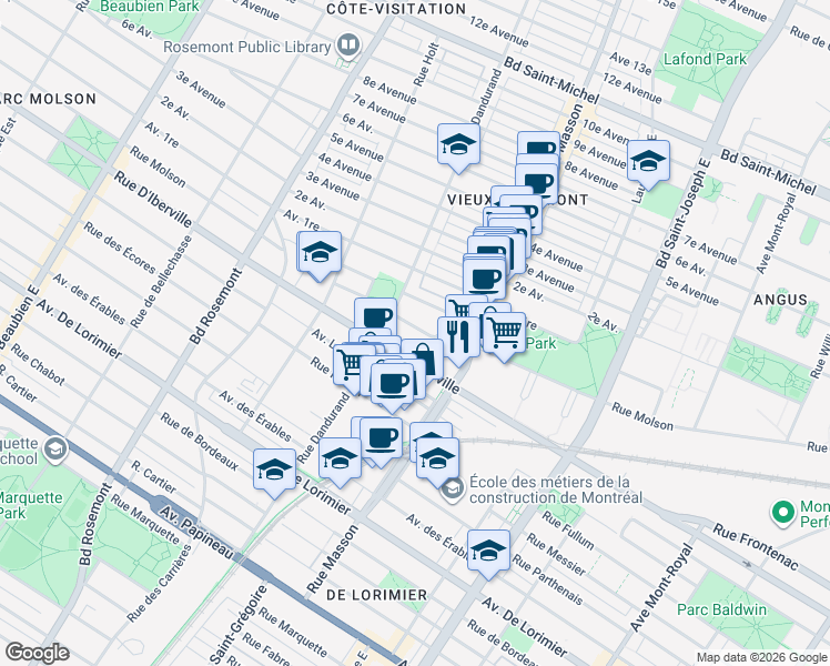 map of restaurants, bars, coffee shops, grocery stores, and more near 5574 Place Basile Patenaude in Montréal