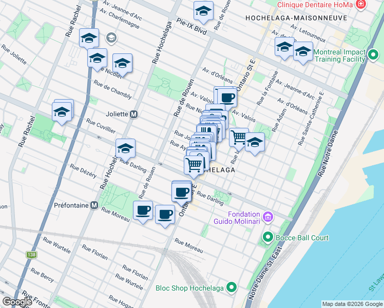 map of restaurants, bars, coffee shops, grocery stores, and more near 2066 Rue Aylwin in Montréal