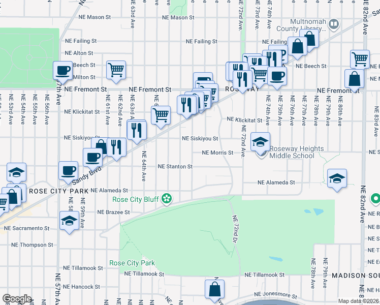 map of restaurants, bars, coffee shops, grocery stores, and more near 2955 Northeast 68th Avenue in Portland