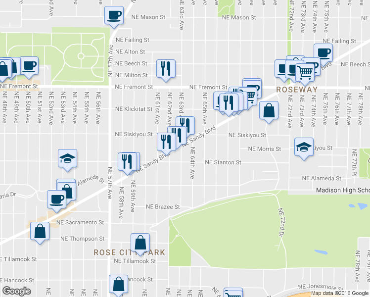 map of restaurants, bars, coffee shops, grocery stores, and more near 6310 Northeast Sandy Boulevard in Portland