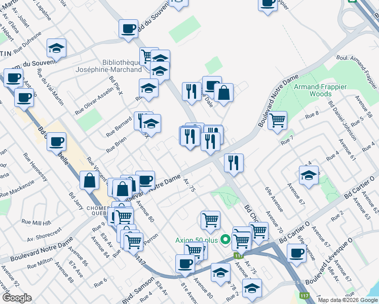 map of restaurants, bars, coffee shops, grocery stores, and more near 800 Boulevard Chomedey in Laval