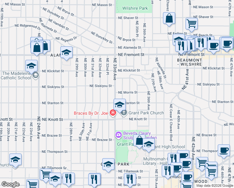 map of restaurants, bars, coffee shops, grocery stores, and more near 3000 Northeast 33rd Avenue in Portland