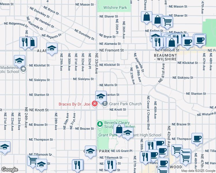 map of restaurants, bars, coffee shops, grocery stores, and more near 2956 Northeast 34th Avenue in Portland