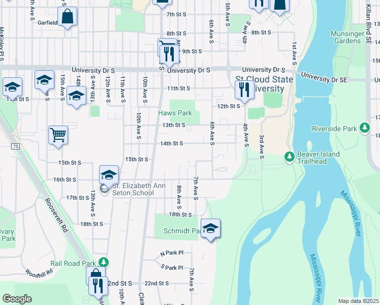 map of restaurants, bars, coffee shops, grocery stores, and more near 780 14th Street South in St. Cloud