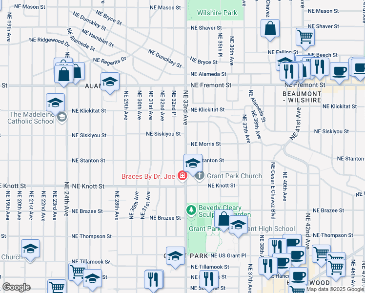 map of restaurants, bars, coffee shops, grocery stores, and more near 3003 Northeast 33rd Avenue in Portland