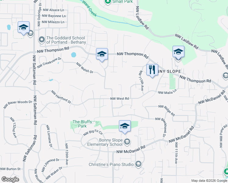 map of restaurants, bars, coffee shops, grocery stores, and more near 3425 Northwest 118th Avenue in Portland
