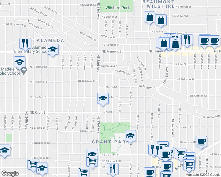 map of restaurants, bars, coffee shops, grocery stores, and more near 2956 Northeast 34th Avenue in Portland