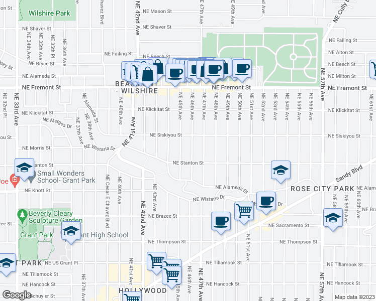 map of restaurants, bars, coffee shops, grocery stores, and more near 2947 Northeast 46th Avenue in Portland