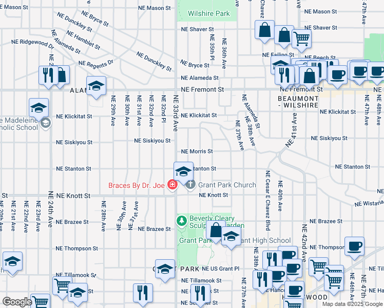 map of restaurants, bars, coffee shops, grocery stores, and more near 2956 Northeast 34th Avenue in Portland