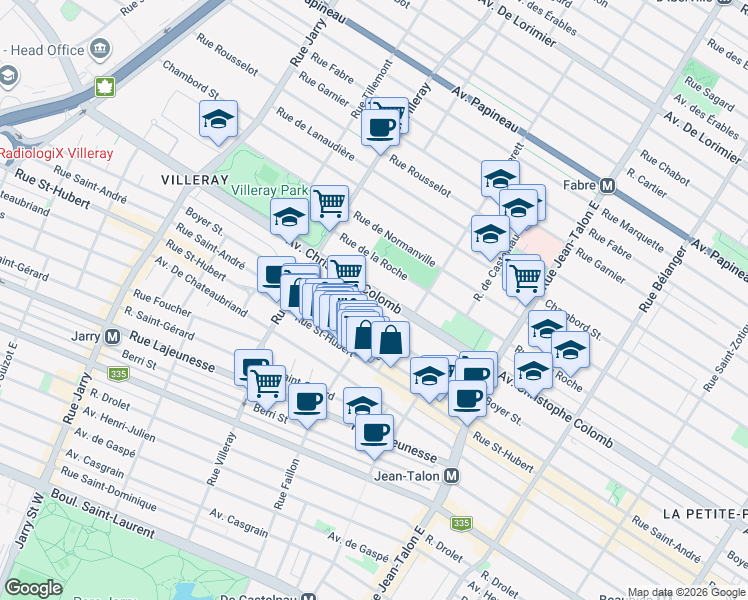 map of restaurants, bars, coffee shops, grocery stores, and more near 7496 Avenue Christophe-Colomb in Montreal