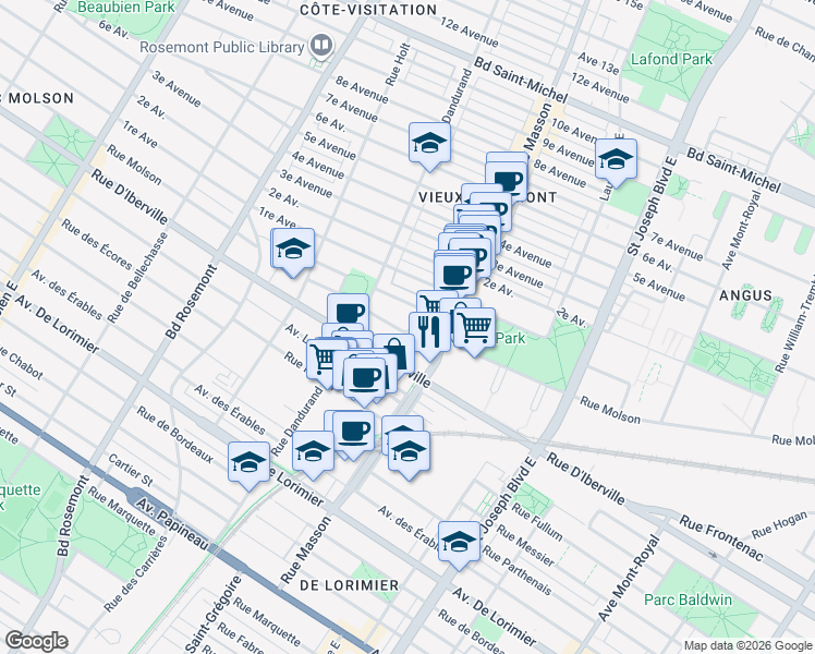 map of restaurants, bars, coffee shops, grocery stores, and more near 5553 Place Basile Patenaude in Montreal