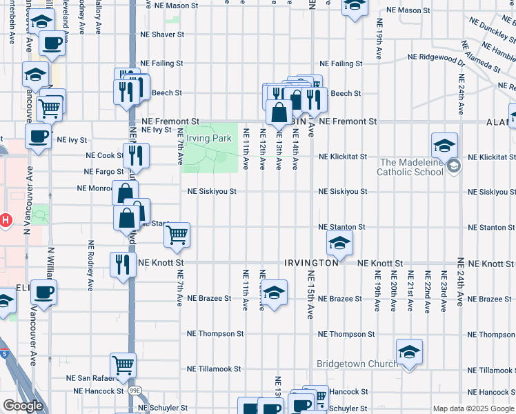 map of restaurants, bars, coffee shops, grocery stores, and more near 3007 Northeast 12th Avenue in Portland