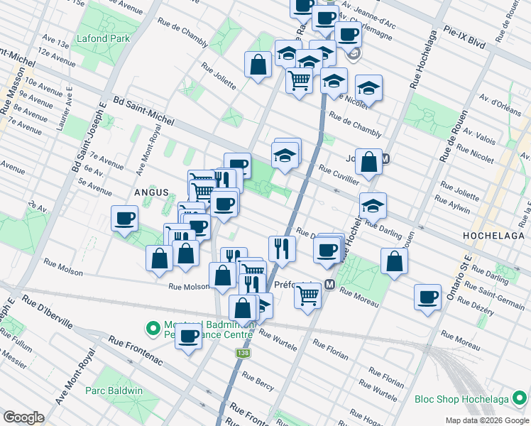map of restaurants, bars, coffee shops, grocery stores, and more near 3495 Rue Dézéry in Montréal