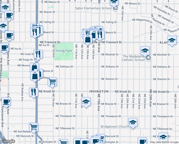map of restaurants, bars, coffee shops, grocery stores, and more near 3002 Northeast 13th Avenue in Portland