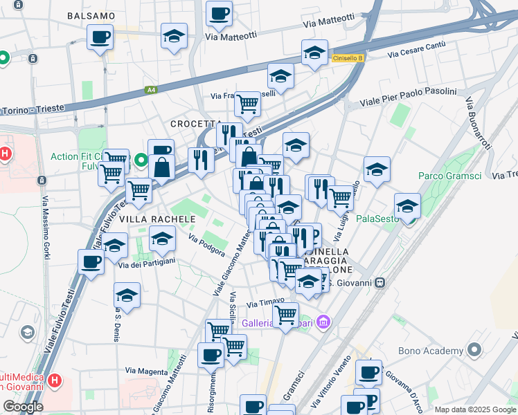 map of restaurants, bars, coffee shops, grocery stores, and more near 30 Via Vincenzo Monti in Sesto San Giovanni