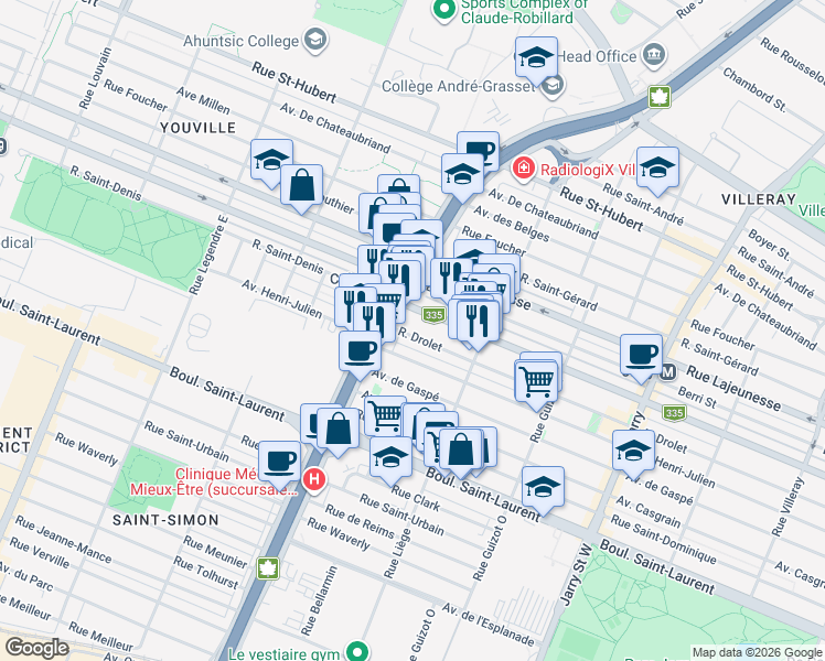 map of restaurants, bars, coffee shops, grocery stores, and more near 8657 Rue Drolet in Montréal