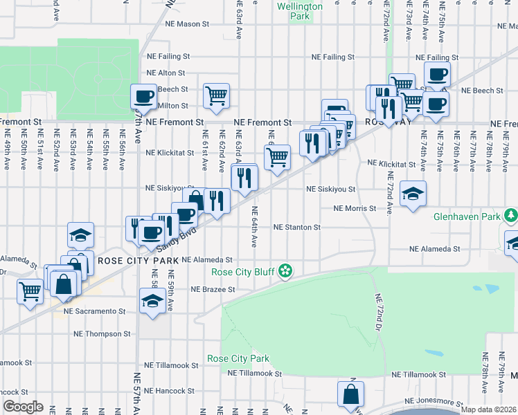 map of restaurants, bars, coffee shops, grocery stores, and more near 2958 Northeast 64th Avenue in Portland