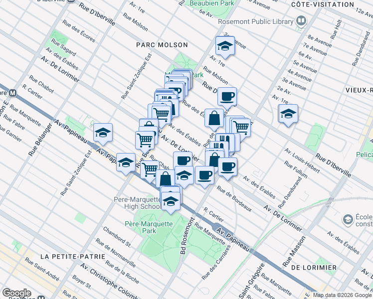 map of restaurants, bars, coffee shops, grocery stores, and more near 6277 Avenue de Lorimier in Montréal