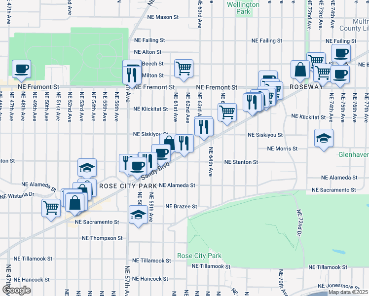 map of restaurants, bars, coffee shops, grocery stores, and more near 3015 Northeast 62nd Avenue in Portland