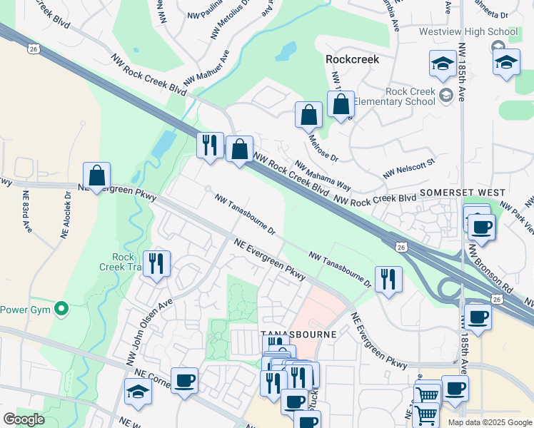 map of restaurants, bars, coffee shops, grocery stores, and more near 3400 Northwest John Olsen Place in Hillsboro