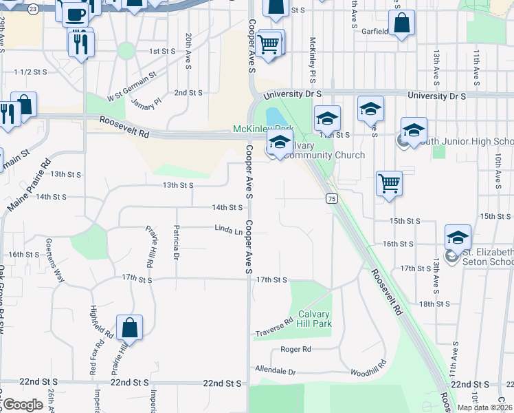 map of restaurants, bars, coffee shops, grocery stores, and more near 1408 Cooper Avenue South in St. Cloud