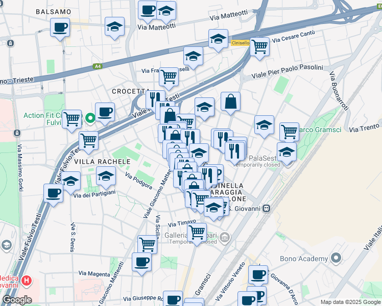 map of restaurants, bars, coffee shops, grocery stores, and more near 516 Viale Giacomo Matteotti in Sesto San Giovanni