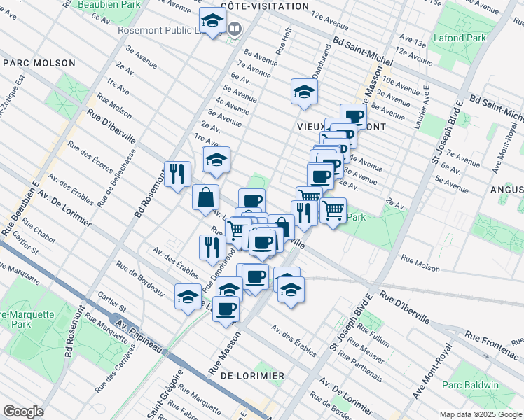 map of restaurants, bars, coffee shops, grocery stores, and more near 2500 Rue Dandurand in Montréal