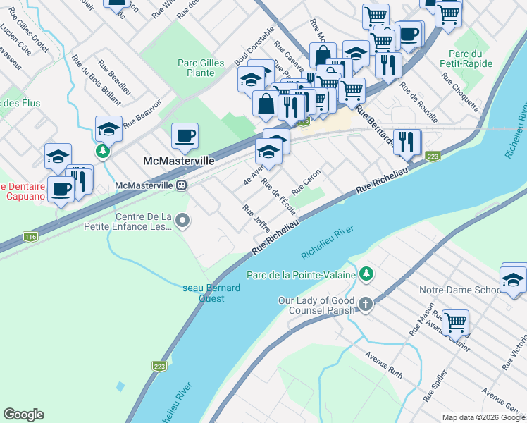 map of restaurants, bars, coffee shops, grocery stores, and more near 364 Avenue 2e in McMasterville