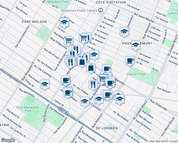 map of restaurants, bars, coffee shops, grocery stores, and more near 5700 Rue Fullum in Montréal