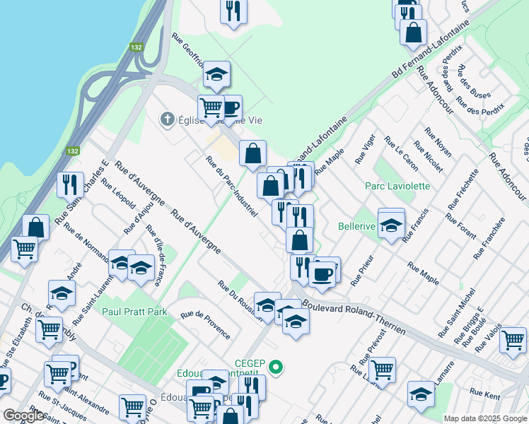 map of restaurants, bars, coffee shops, grocery stores, and more near 625 Rue du Parc Industriel in Longueuil