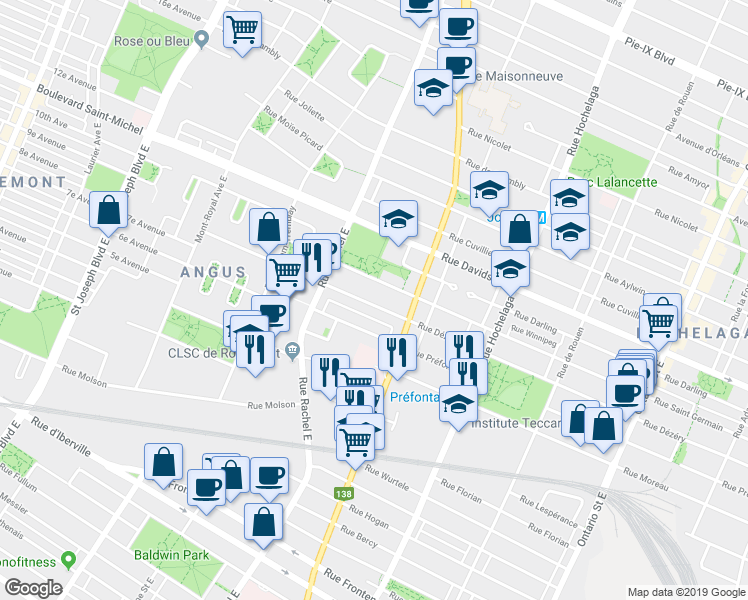 map of restaurants, bars, coffee shops, grocery stores, and more near 3495 Rue Dézéry in Montreal