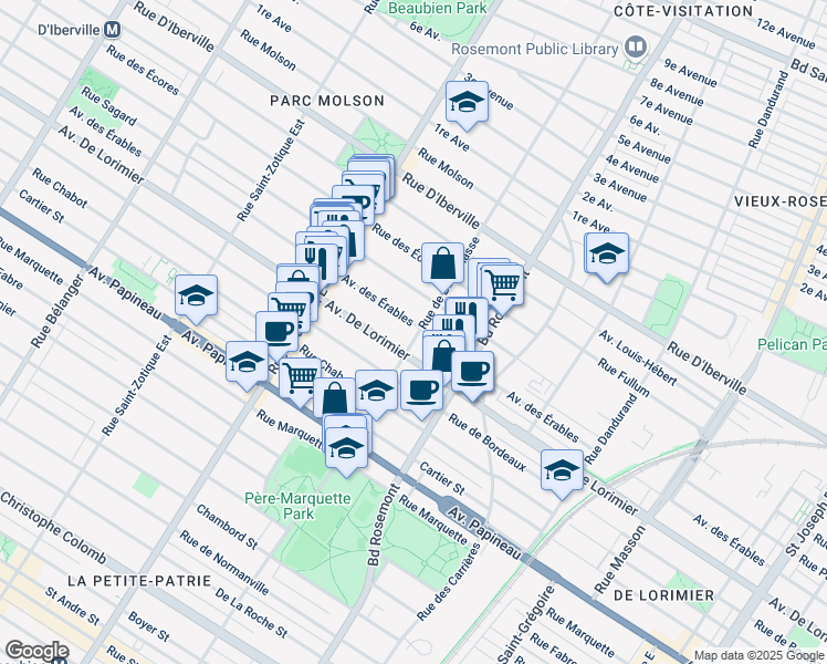 map of restaurants, bars, coffee shops, grocery stores, and more near 2155 Rue de Bellechasse in Montréal