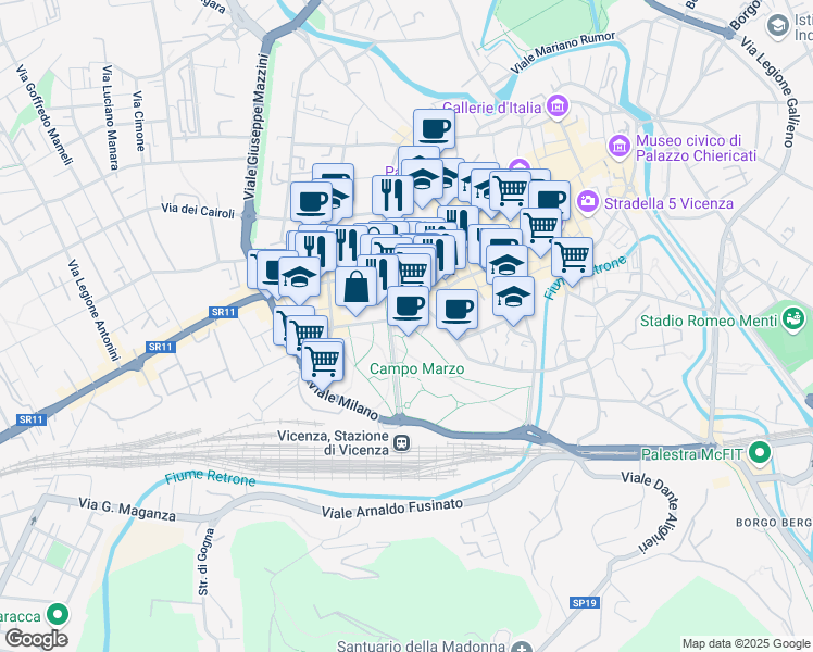 map of restaurants, bars, coffee shops, grocery stores, and more near 25 Viale Roma in Vicenza