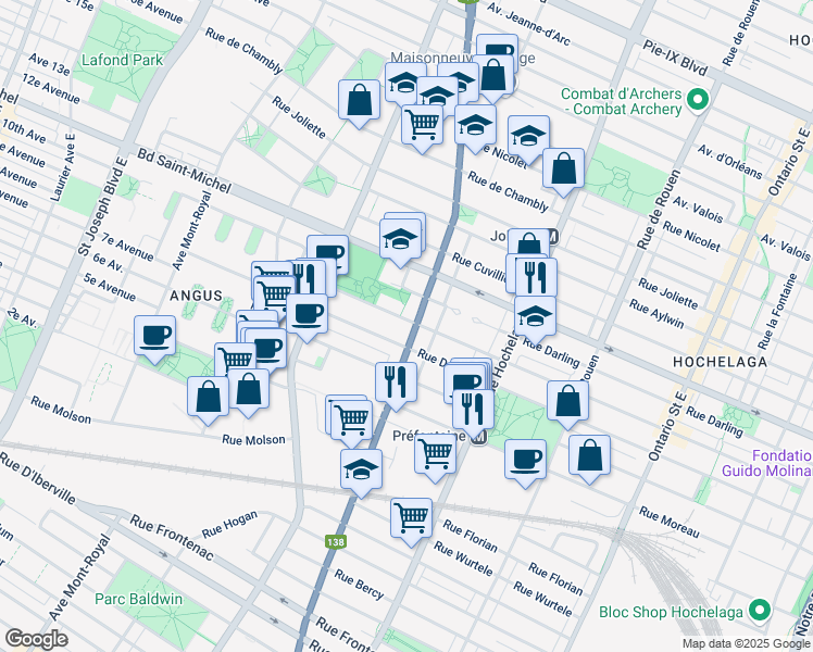 map of restaurants, bars, coffee shops, grocery stores, and more near 3245 Rue Sherbrooke Est in Montréal