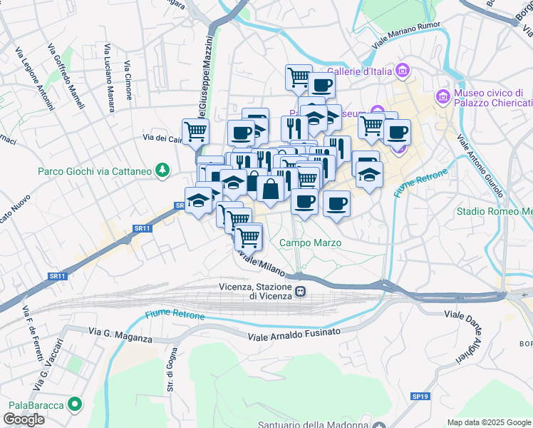 map of restaurants, bars, coffee shops, grocery stores, and more near 9 Viale Giuseppe Verdi in Vicenza