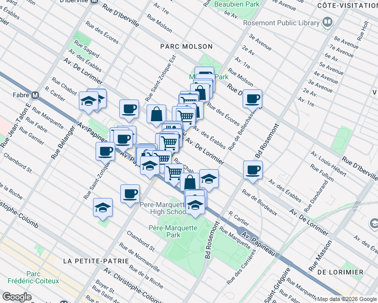 map of restaurants, bars, coffee shops, grocery stores, and more near 6375 Rue de Bordeaux in Montréal