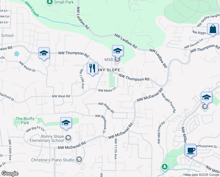 map of restaurants, bars, coffee shops, grocery stores, and more near 11135 Northwest Malia Lane in Portland
