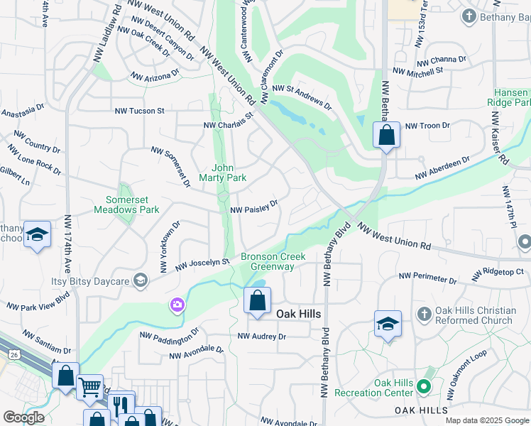map of restaurants, bars, coffee shops, grocery stores, and more near 16290 Northwest Paisley Drive in Beaverton