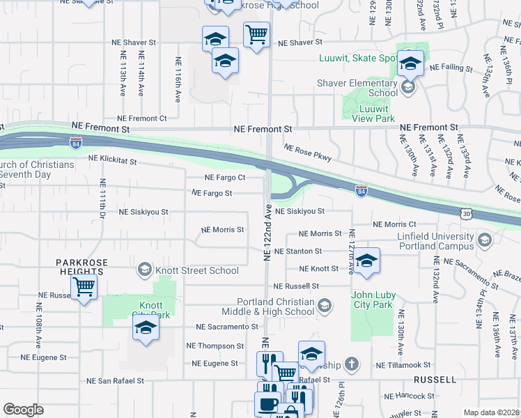 map of restaurants, bars, coffee shops, grocery stores, and more near 3103 Northeast 122nd Avenue Frontage Road in Portland