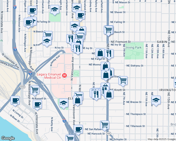 map of restaurants, bars, coffee shops, grocery stores, and more near 44 Northeast Morris Street in Portland