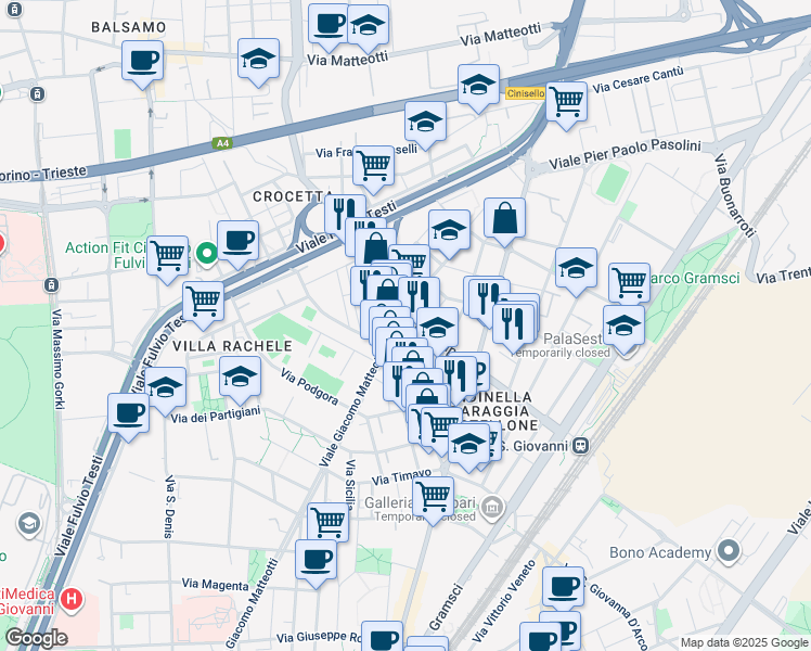 map of restaurants, bars, coffee shops, grocery stores, and more near 516 Viale Giacomo Matteotti in Sesto San Giovanni