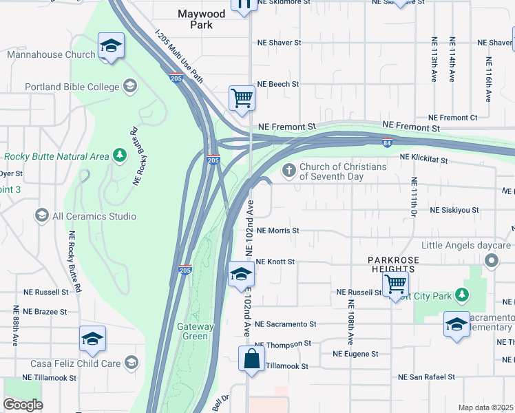 map of restaurants, bars, coffee shops, grocery stores, and more near 3102 Northeast 102nd Avenue in Portland
