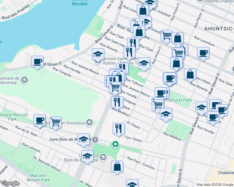 map of restaurants, bars, coffee shops, grocery stores, and more near 398 Boulevard Henri Bourassa Ouest in Montréal