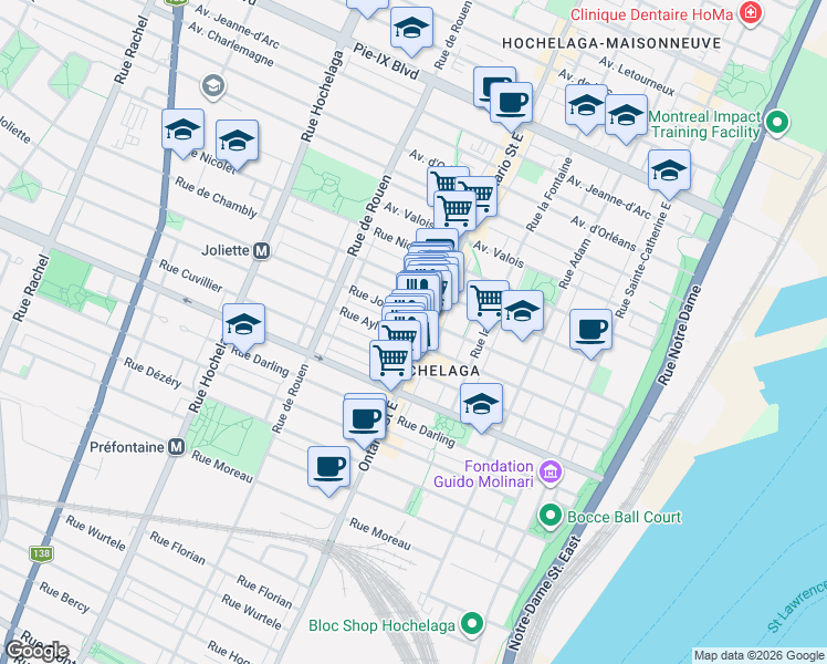 map of restaurants, bars, coffee shops, grocery stores, and more near 3527 Rue Ontario Est in Montréal